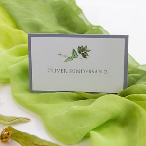 Segnaposto verde e grigio, stampa foglia, segnaposto di nozze minimalista, cancelleria per matrimoni, segnaposto con nomi
