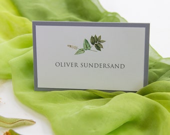 Place Cards Greenery and Grey, Leaf Print, Minimalist Wedding Place Cards, Wedding Stationery, Place Cards with Names