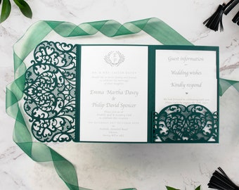 Wedding Invitation - Luxury Forest Green wedding invitation set, 4 Inserts Pocket Invitation, Wedding Folder, Wedding Invitations