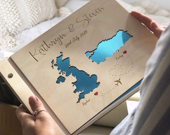 Wedding Wooden guest book with country maps, Travel Wedding Album Destination, Bespoke Wedding Gift, Personalized Photo Album