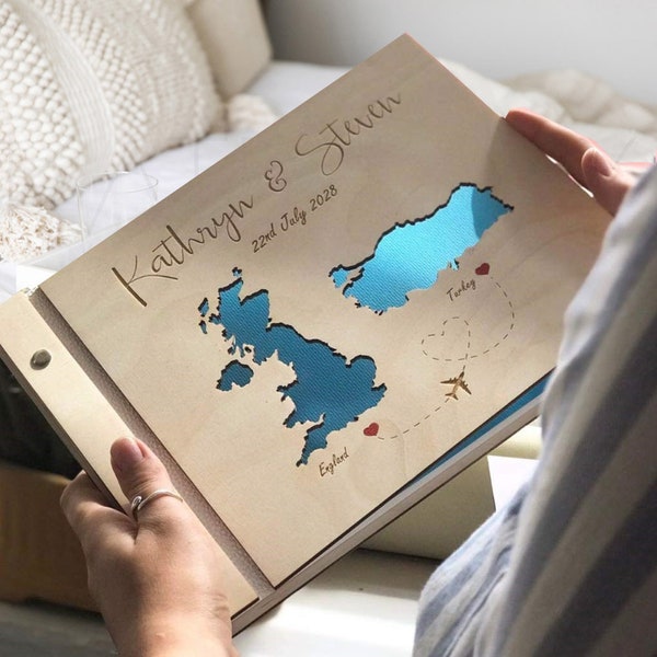 Wedding Wooden guest book with country maps, Travel Wedding Album Destination, Bespoke Wedding Gift, Personalized Photo Album
