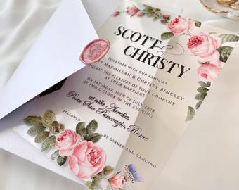 Hochzeitseinladungen aus Acryl mit Rosenmuster – Transparente Plexiglas-Einladung mit Blumenmuster