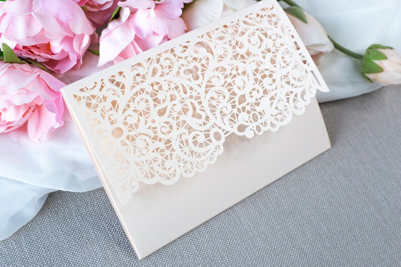 Laser Cut Covers Pocket Fold Invitations Peach Pocketfold Etsy