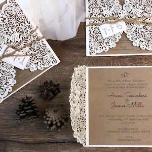 Rustic Wedding Invitation Laser Cut ECO Invitation with Cream Satin Ribbon - Wedding, Birthday, Invitations, DIY or Fully Printed