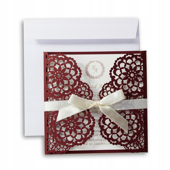 Wedding Invitation Diy Burgundy Laser Cut Invitations Ribbon Etsy