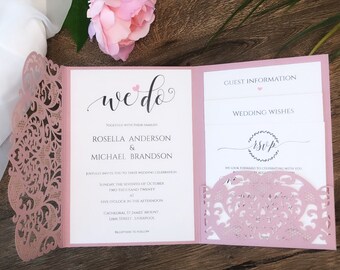 Pink Laser Cut Wedding Invitation, Beautiful Luxury Folder - Wedding Invite Classic 3 tier, Wedding Folder 4 Inserts Pocket Invitation