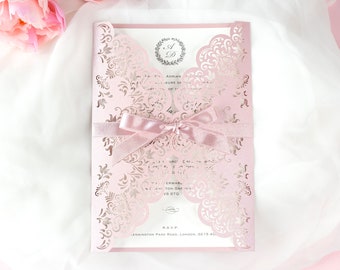 Pink Pearlised Stunning Wedding Invitation - Personalised Laser Cut Wedding Day Invitation with Satin Ribbon & Pink Envelope - Full printing