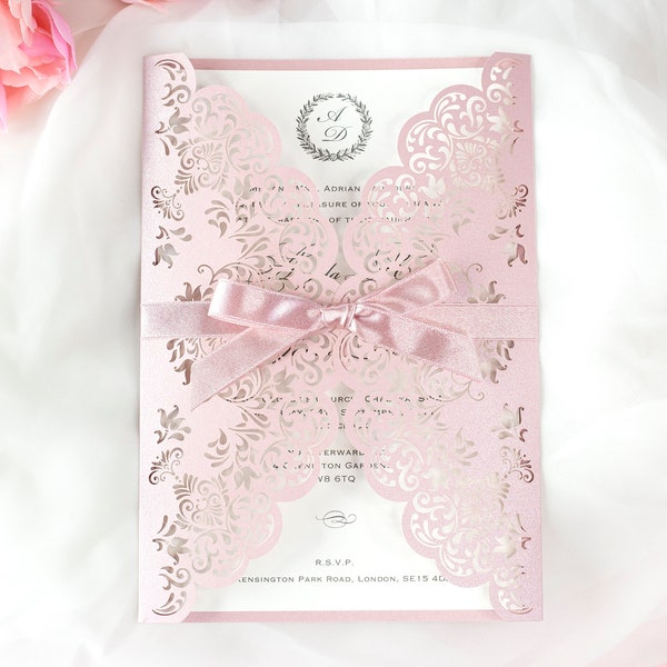 Pink Pearlised Stunning Wedding Invitation - Personalised Laser Cut Wedding Day Invitation with Satin Ribbon & Pink Envelope - Full printing