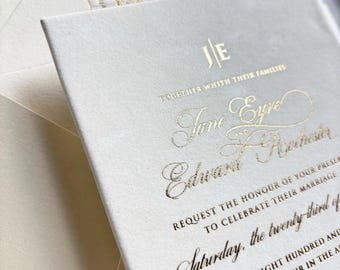 Ivory Velvet Wedding Invitations - Gold Foil Hot Stamping Text - Custom Venue Sketch Liner