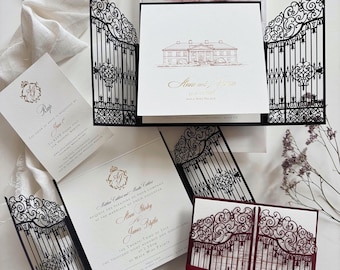 Personalised Laser Cut Wedding Invitation Suite, Gold Foil Invitations, Custom Venue Sketch, Elegant Gatefold Wedding Invitation
