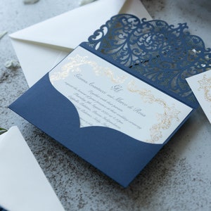 DIY Stunning Navy Blue and Gold Foil Intricate Wedding Invitation Laser Cut Pocketfold Pocket Invitation Suite Gold Foil Ornament