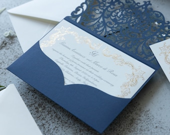 DIY Stunning Navy Blue and Gold Foil Intricate Wedding Invitation Laser Cut Pocketfold Pocket Invitation Suite Gold Foil Ornament
