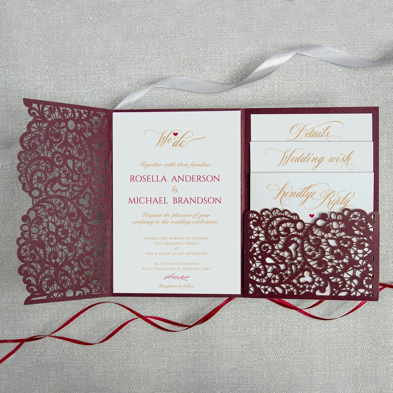 Laser Cut Covers Pocket Fold Invitations Burgundy Pocketfold Etsy UK