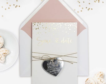 Lovely Save The Date with Magnet Foil Pressed Confetti Design, Gold or Silver Mirror Engraved Heart Plexi Acrylic Gold Foil with Envelope