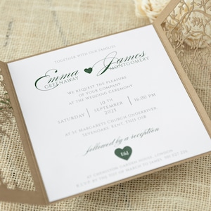 Personalized rustic Wedding Invitations, Laser Cut, Tree of Life, Boho, Heart green, Kraft, Set with Envelopes & Linen Twine, Fully Printed image 2