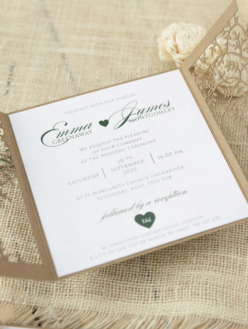 Personalized rustic Wedding Invitations, Laser Cut, Tree of Life, Boho, Heart green, Kraft, Set with Envelopes & Linen Twine, Fully Printed image 2