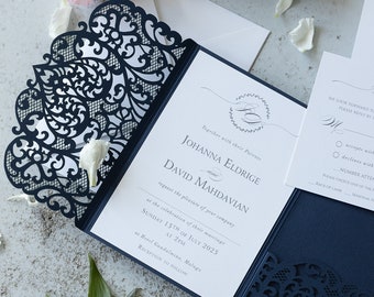 Classic Lace Pocketfold Wedding Invitation Suit, Laser Cut Folder, Invite with Envelope