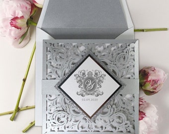 Silver Glitter and White Laser Cut Lace Pocketfold + Envelope with Silver Liner, Belly Band & Tag With Glitter, Monogram Elegant Invitation