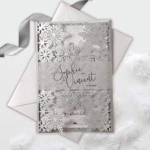 Laser Cut Winter Wedding Invitation - Silver Cover with Snowflakes + Day Invitation with Glitter Backing