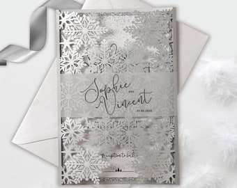 Laser Cut Winter Wedding Invitation - Silver Cover with Snowflakes + Day Invitation with Glitter Backing