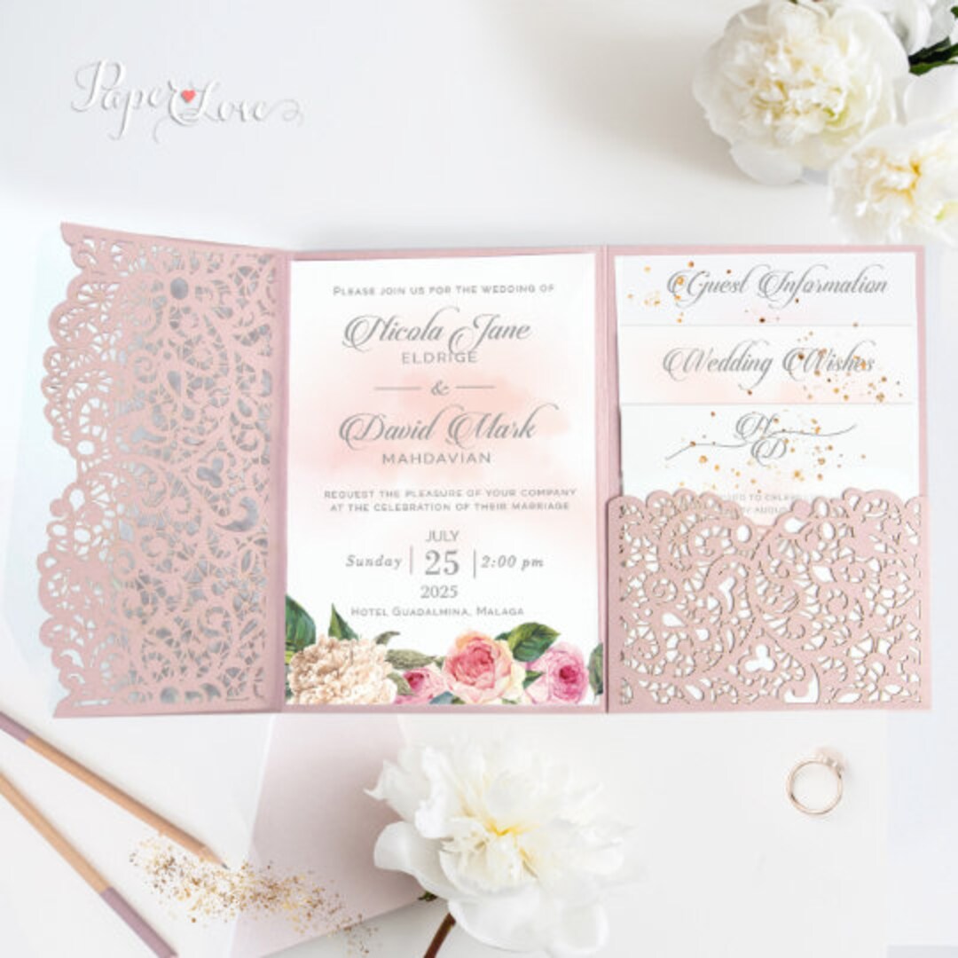 Luxury Floral Pocketstyle Wedding Invitation in White & Pink with