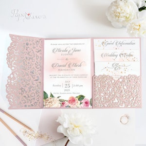 Blush Pink Luxury Lace Laser Cut Wedding Day Invitation Set with Matching Envelope, Pocketfold Wedding Invitations, Wedding Folder