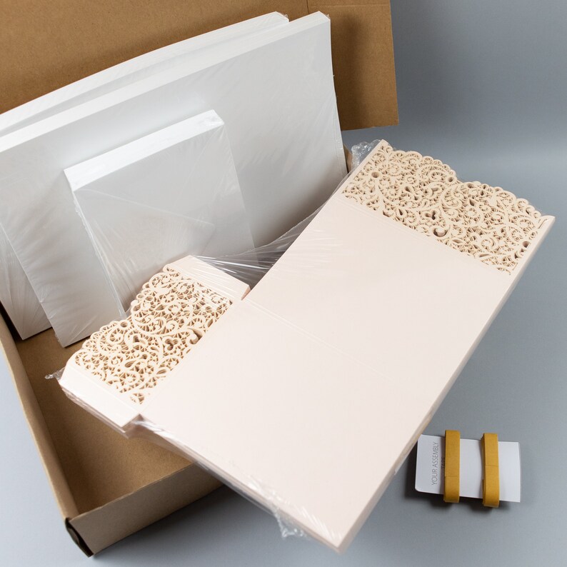 Laser Cut Covers Pocket Fold Invitations Peach Pocketfold Etsy