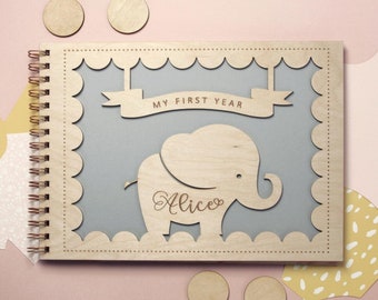Personalized Wooden Baby Memory Book Photo Album with Elephant Gift for  Baby Shower, Birthday, Baptism For Baby Girl Baby Boy