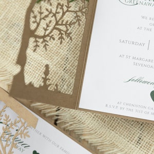 Personalized rustic Wedding Invitations, Laser Cut, Tree of Life, Boho, Heart green, Kraft, Set with Envelopes & Linen Twine, Fully Printed image 7