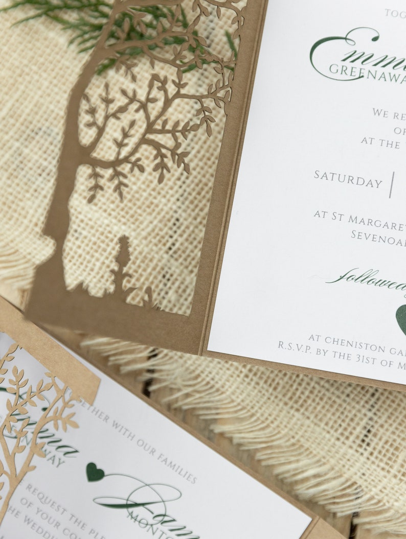 Personalized rustic Wedding Invitations, Laser Cut, Tree of Life, Boho, Heart green, Kraft, Set with Envelopes & Linen Twine, Fully Printed image 7