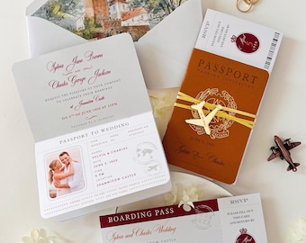 Luxury Passport Wedding Invitation | Travel Inspired Wedding Suite with Venue Illustration | Destination Wedding