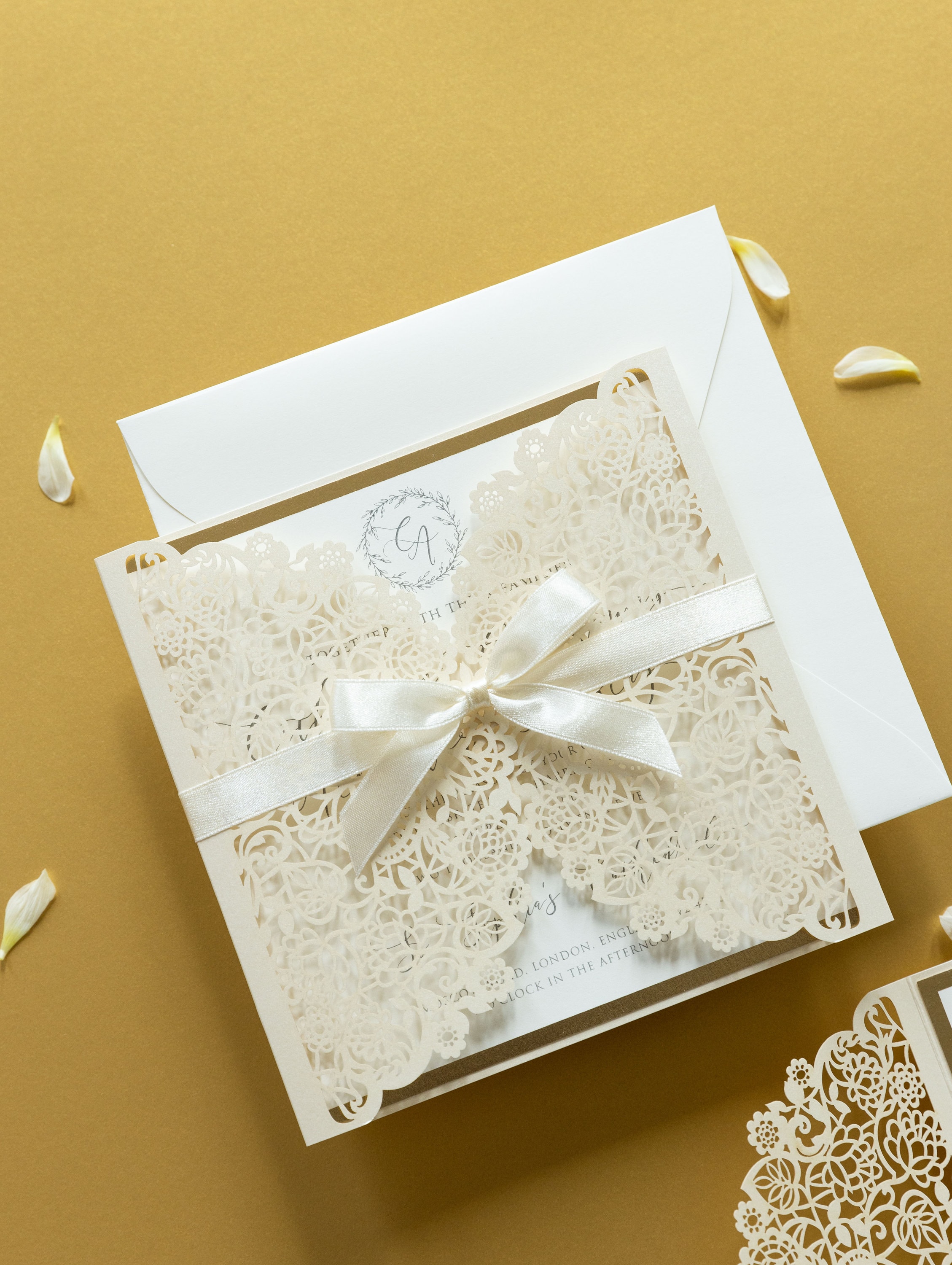 DIY Wedding Invitations Laser Cut Gatefold with Cream Silk Ribbon DIY Wedding Invitations Laser Cut Gatefold with Cream Silk Ribbon