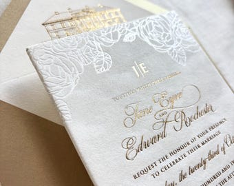 Luxury Velvet Wedding Invitations - Pearl Foil Rose Detail & Gold Foil Hot Stamping Text - Custom Venue Sketch Liner