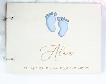 Beautiful Baby Wooden Memory Book, Photo Album with personalisation - Gift for Baptism, Birthday, My First Year - For Baby Boy