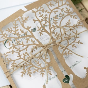 Personalized rustic Wedding Invitations, Laser Cut, Tree of Life, Boho, Heart green, Kraft, Set with Envelopes & Linen Twine, Fully Printed image 4