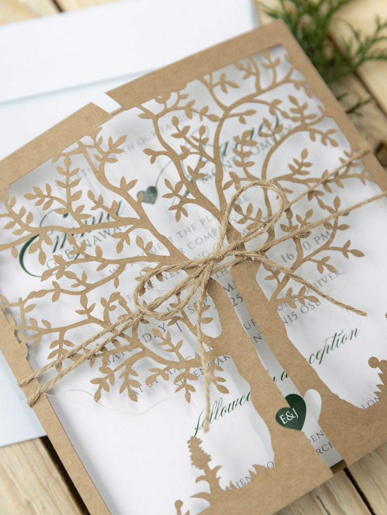 Personalized rustic Wedding Invitations, Laser Cut, Tree of Life, Boho, Heart green, Kraft, Set with Envelopes & Linen Twine, Fully Printed image 4