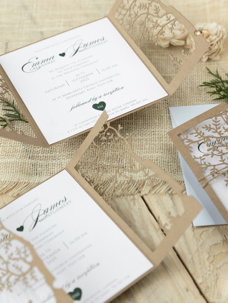 Personalized rustic Wedding Invitations, Laser Cut, Tree of Life, Boho, Heart green, Kraft, Set with Envelopes & Linen Twine, Fully Printed image 10