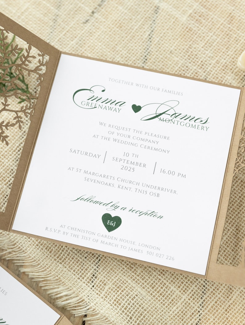 Personalized rustic Wedding Invitations, Laser Cut, Tree of Life, Boho, Heart green, Kraft, Set with Envelopes & Linen Twine, Fully Printed image 5
