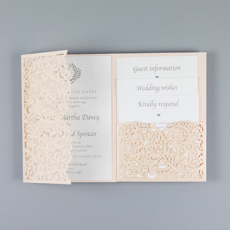 Laser Cut Covers Pocket Fold Invitations Peach Pocketfold Etsy