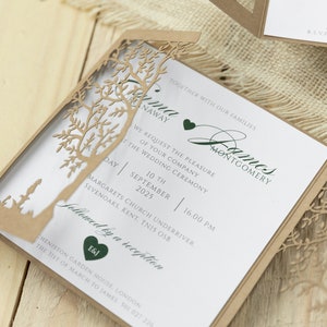 Personalized rustic Wedding Invitations, Laser Cut, Tree of Life, Boho, Heart green, Kraft, Set with Envelopes & Linen Twine, Fully Printed image 3