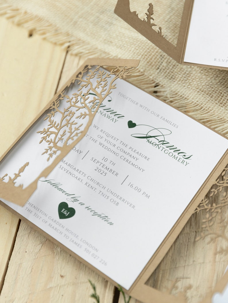 Personalized rustic Wedding Invitations, Laser Cut, Tree of Life, Boho, Heart green, Kraft, Set with Envelopes & Linen Twine, Fully Printed image 3