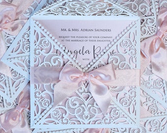 Blush Pink Wedding Invitation Cards Laser Cut with Cream Lace + Envelope, Elegant Peach Satin Ribbon Wedding Invitations Birthday