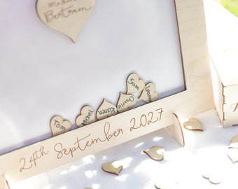 Natural Plywood Personalised Wedding Guestbook White Laser Cut, Squere Wedding Drop box Set with Chest + Pen