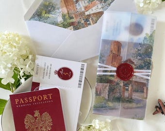 Burgundy Passport Wedding Invitations, Destination Wedding Invitation, Personalised Venue Watercolour, Travel Inspired Wedding Suite