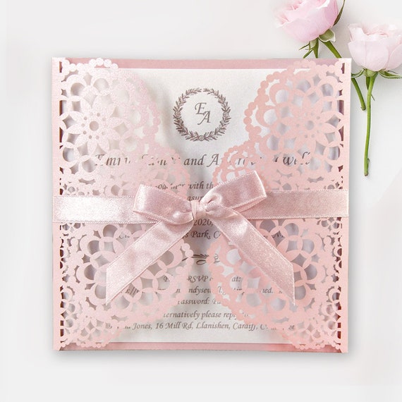 Wedding Invitation Diy Misty Rose Laser Cut Invitations Ribbon Etsy