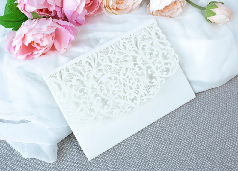 Luxury 4 Inserts Pocket Invitation, Laser Cut Pocket Invitation In Matt Ivory, Off White Wedding Elegant Luxury Wedding Invitations image 5