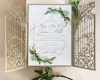 Elegant Gold Monogram Ornamental Gatefold Laser Cut Wedding Day Invitation with Gold Foil - Wedding Invitations Fully Personalised