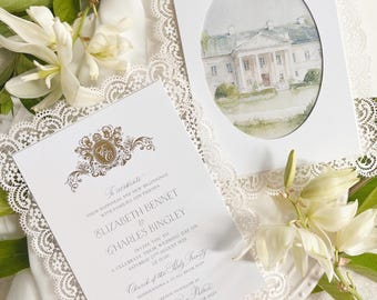 Personalised Lace Wedding Invitation with Gold Monogram & Venue Watercolour - Elegant Wedding Invitation Suite