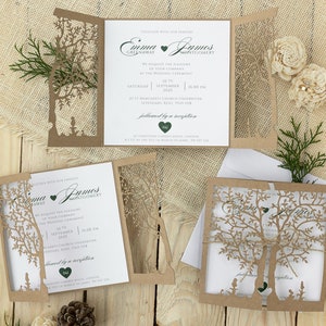 Faire-part de mariage rustique personnalisé, découpé au laser, arbre de vie, bohème, coeur vert, kraft, serti d'enveloppes et de ficelle de lin, entièrement imprimé