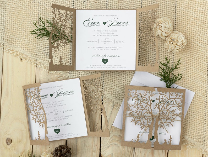 Personalized rustic Wedding Invitations, Laser Cut, Tree of Life, Boho, Heart green, Kraft, Set with Envelopes & Linen Twine, Fully Printed image 1